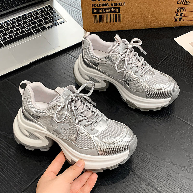 Ženske tenisice tipa dad shoes s visinom od 7,5 cm – koža i mrežasti gornji dio, prozračne svakodnevne trkačke tenisice, klinasti 6–8 cm