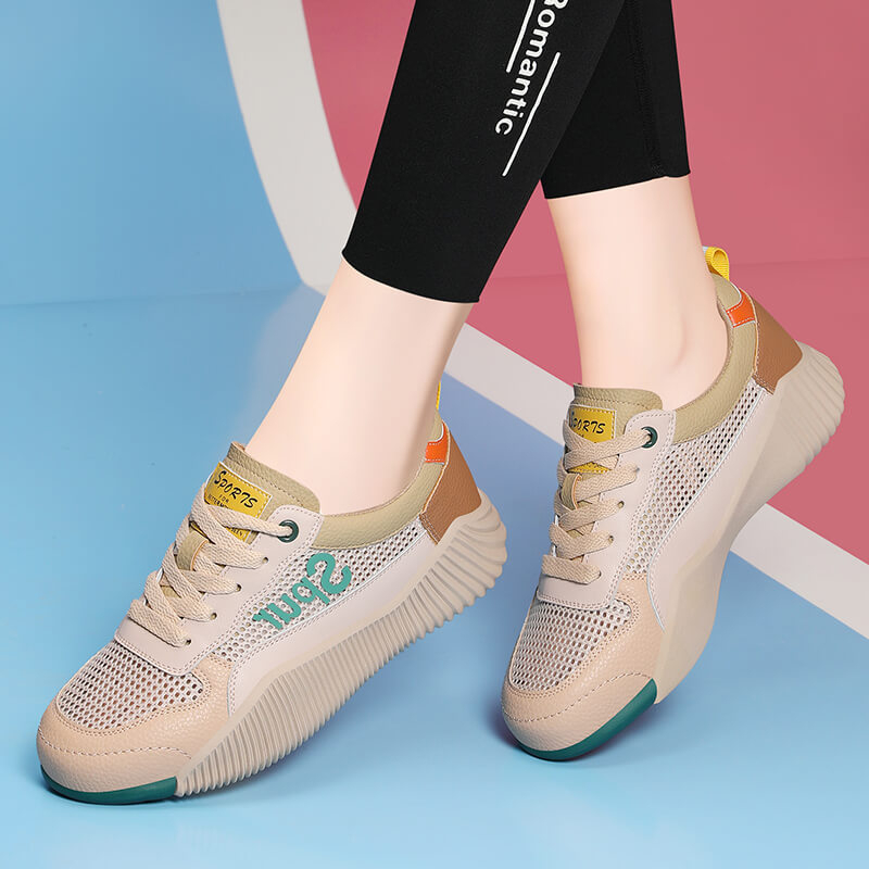 Női könnyű, lélegző hálós sportcipő PU talpbetéttel és gumitalppal, alacsony felsőrész, 3-5 cm középmagas sarok