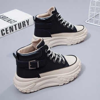 Női koreai stílusú vastag talpú sportcipő, PU felsőrész, gumitalp, hálós bélés, kerek orr, elöl fűzővel záródó, alacsony boka, ősz 2023