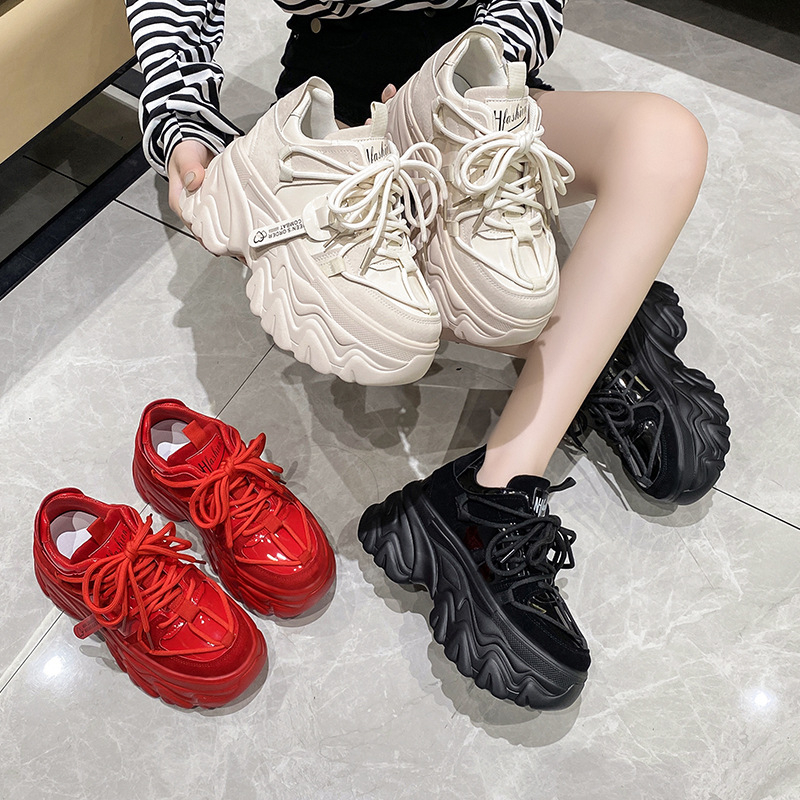 Adidași femei, stil coreean, gleznă înaltă, talpă groasă 6-8 cm, PU partea superioară, închidere frontală cu curea.