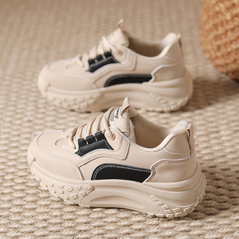 Pantofi sport casual pentru femei, talpă groasă 3–5 cm, suprafață PU+mesh, închidere cu șireturi în față, vârf rotund