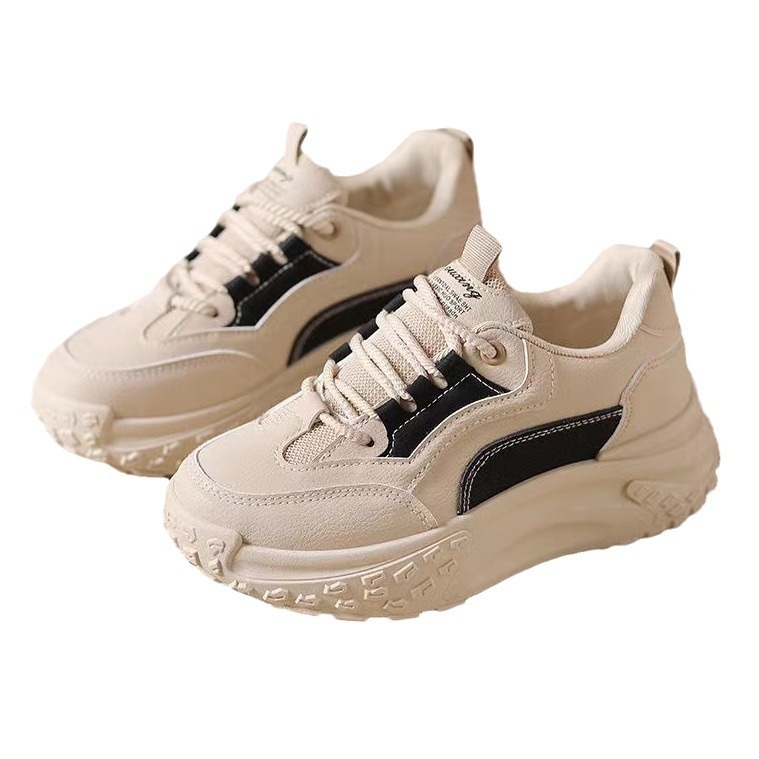 Pantofi sport casual pentru femei, talpă groasă 3–5 cm, suprafață PU+mesh, închidere cu șireturi în față, vârf rotund