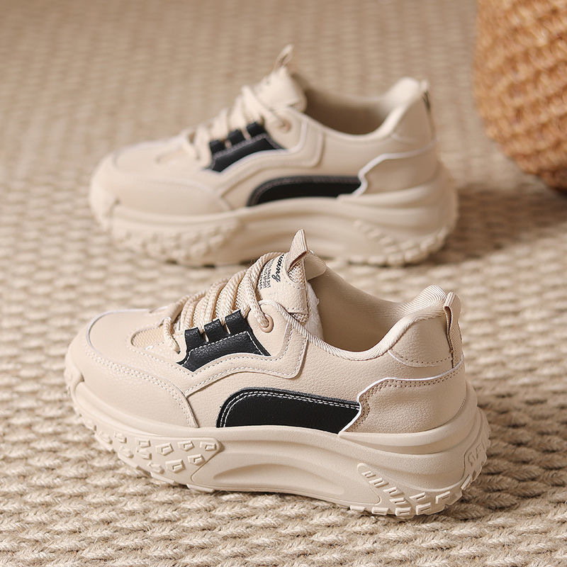 Pantofi sport casual pentru femei, talpă groasă 3–5 cm, suprafață PU+mesh, închidere cu șireturi în față, vârf rotund