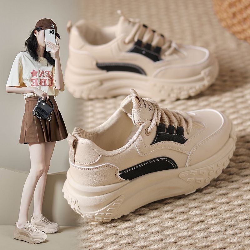 Pantofi sport casual pentru femei, talpă groasă 3–5 cm, suprafață PU+mesh, închidere cu șireturi în față, vârf rotund