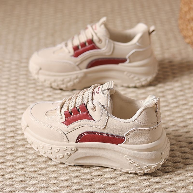 Pantofi sport casual pentru femei, talpă groasă 3–5 cm, suprafață PU+mesh, închidere cu șireturi în față, vârf rotund