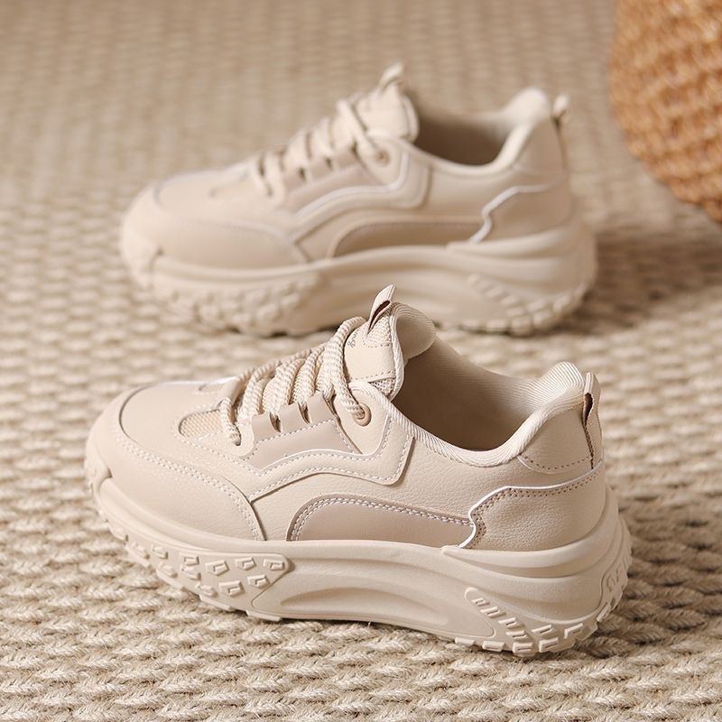 Pantofi sport casual pentru femei, talpă groasă 3–5 cm, suprafață PU+mesh, închidere cu șireturi în față, vârf rotund