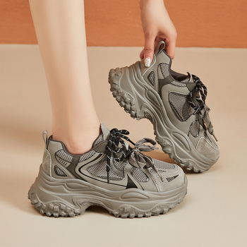 Pantofi sport casual pentru damă, Dad shoes, partea superioară din două straturi de piele de vacă, model color-block, închidere cu șiret în față, talpă din spumă, gleznă joasă
