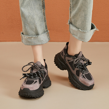 Pantofi sport casual pentru damă, Dad shoes, partea superioară din două straturi de piele de vacă, model color-block, închidere cu șiret în față, talpă din spumă, gleznă joasă
