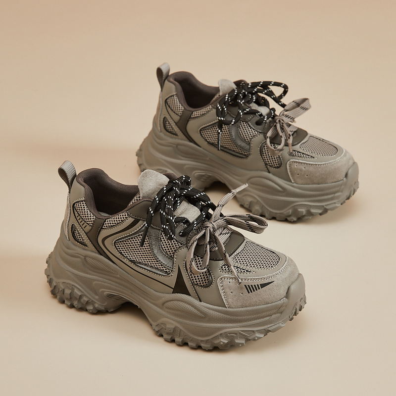 Pantofi sport casual pentru damă, Dad shoes, partea superioară din două straturi de piele de vacă, model color-block, închidere cu șiret în față, talpă din spumă, gleznă joasă