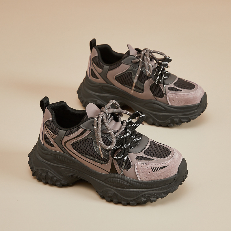 Pantofi sport casual pentru damă, Dad shoes, partea superioară din două straturi de piele de vacă, model color-block, închidere cu șiret în față, talpă din spumă, gleznă joasă