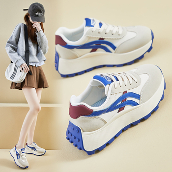 Női koreai stílusú dad shoes cipő, vastag emelőtalppal, PU felsőrész, gumitalp, kerek orr, fűzőzáras, 3-5 cm klin talp, tavasz 2025