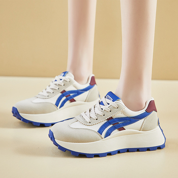 Női koreai stílusú dad shoes cipő, vastag emelőtalppal, PU felsőrész, gumitalp, kerek orr, fűzőzáras, 3-5 cm klin talp, tavasz 2025