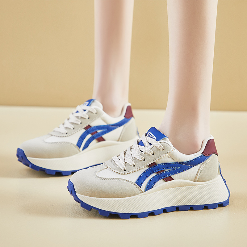 Női koreai stílusú dad shoes cipő, vastag emelőtalppal, PU felsőrész, gumitalp, kerek orr, fűzőzáras, 3-5 cm klin talp, tavasz 2025