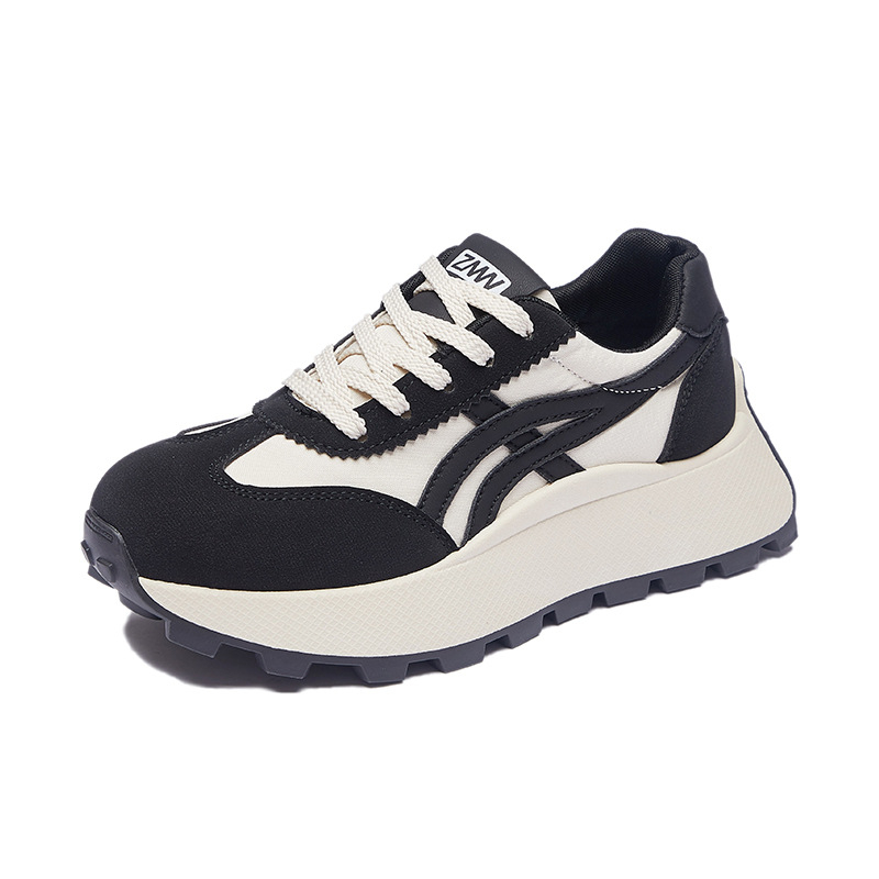 Női koreai stílusú dad shoes cipő, vastag emelőtalppal, PU felsőrész, gumitalp, kerek orr, fűzőzáras, 3-5 cm klin talp, tavasz 2025