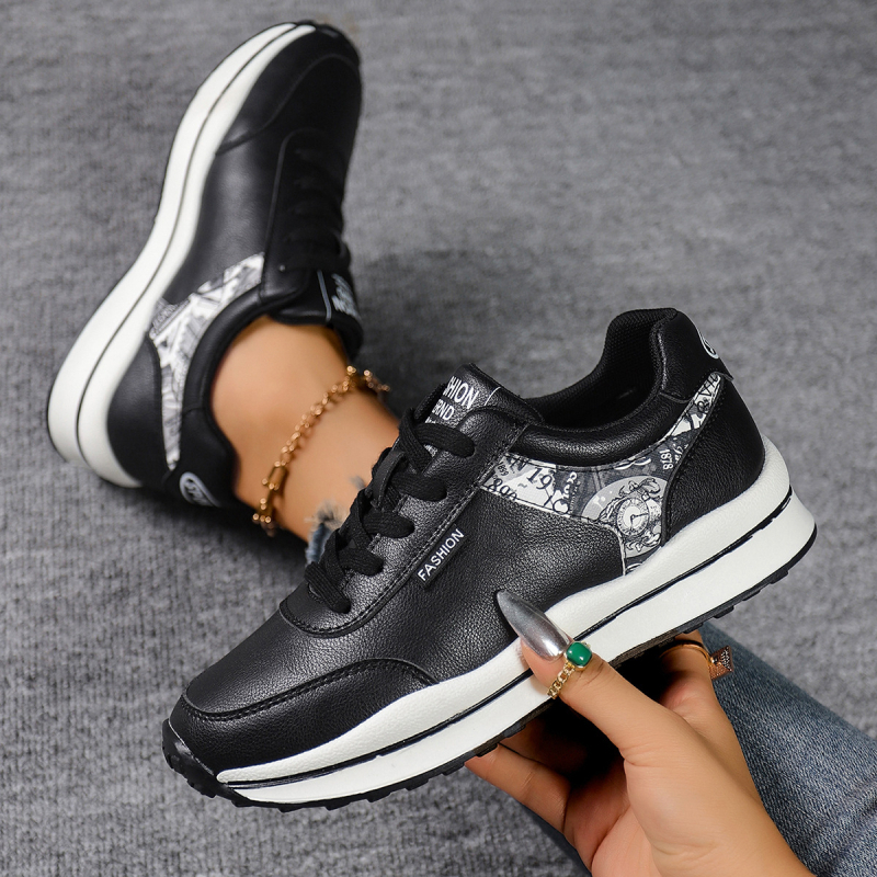 Pantofi sport casual pentru femei, cu vârf rotund, partea superioară PU, talpă injectată, șireturi