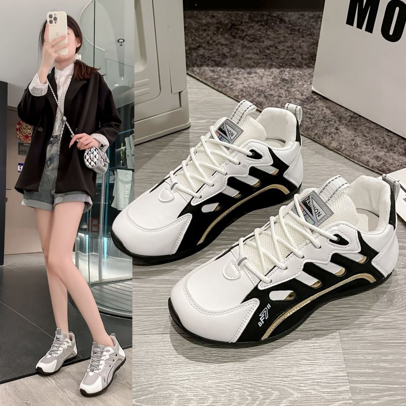 Uniszex koreai stílusú futócipő, PU felső rész, kerek orr, alacsony sarok 1-3 cm, gumírozott talp, hálós belső