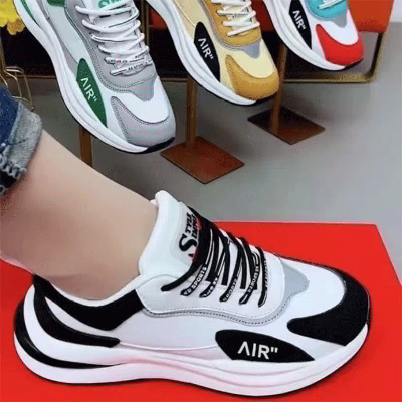 Sportcipő: lélegző PU felsőrész, alacsony sarok 1–3 cm, EVA talp, fűzős