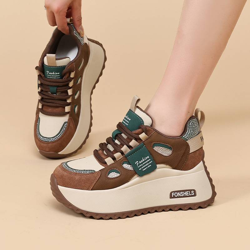 Női platformcipők vastag talppal, 6–8 cm magasságnövelés, fűzős zárás, kerek orr, koreai stílus