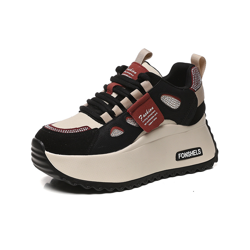 Női platformcipők vastag talppal, 6–8 cm magasságnövelés, fűzős zárás, kerek orr, koreai stílus