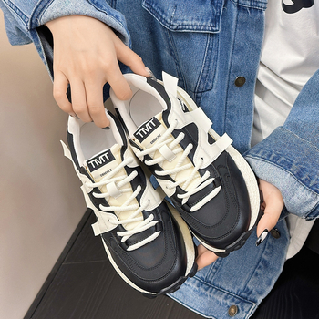 Ženski casual dad shoes s waflom i povećanom visinom, gornji dio od prave kože, okrugli vrh, prednje vezivanje, dvostruka kožna uloška