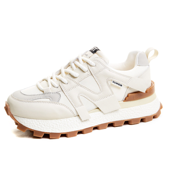 Ženski casual dad shoes s waflom i povećanom visinom, gornji dio od prave kože, okrugli vrh, prednje vezivanje, dvostruka kožna uloška