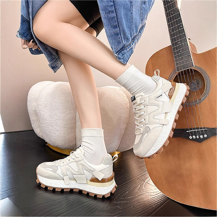 Ženski casual dad shoes s waflom i povećanom visinom, gornji dio od prave kože, okrugli vrh, prednje vezivanje, dvostruka kožna uloška