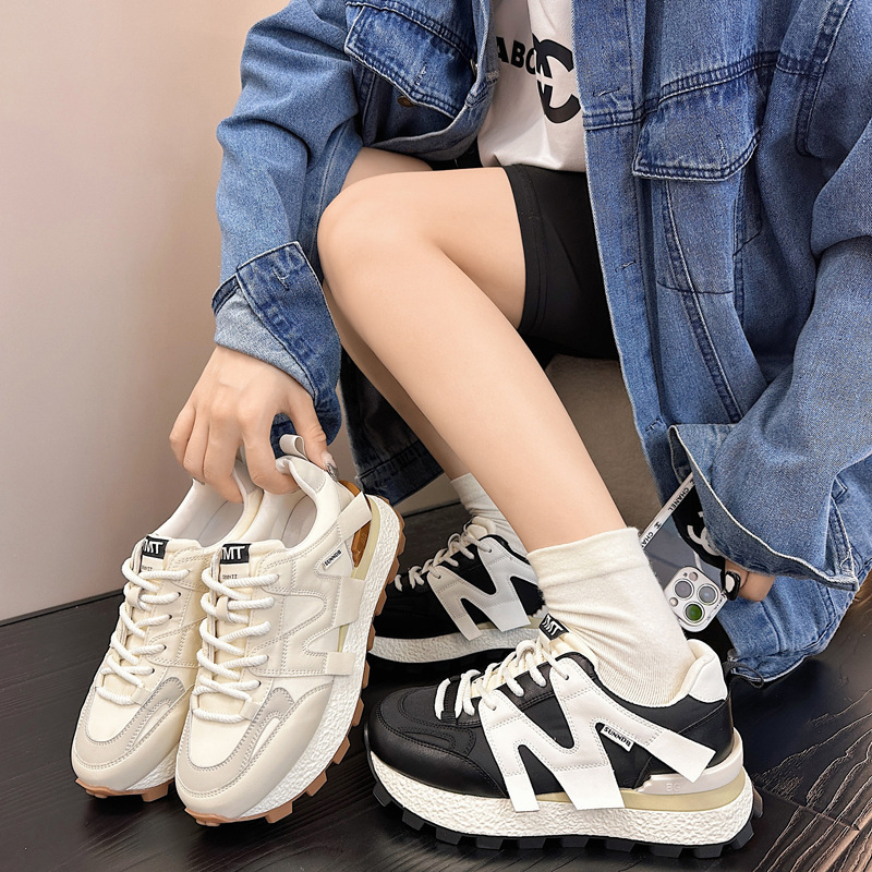 Ženski casual dad shoes s waflom i povećanom visinom, gornji dio od prave kože, okrugli vrh, prednje vezivanje, dvostruka kožna uloška