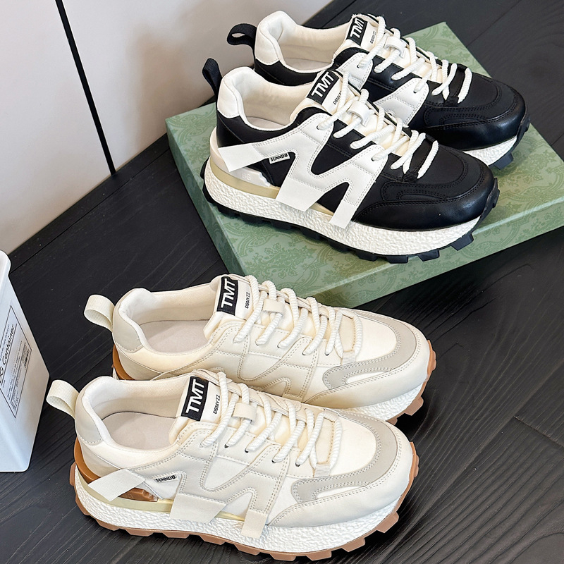 Ženski casual dad shoes s waflom i povećanom visinom, gornji dio od prave kože, okrugli vrh, prednje vezivanje, dvostruka kožna uloška