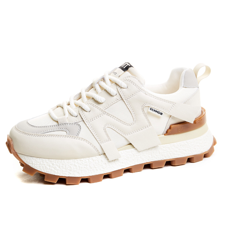 Ženski casual dad shoes s waflom i povećanom visinom, gornji dio od prave kože, okrugli vrh, prednje vezivanje, dvostruka kožna uloška