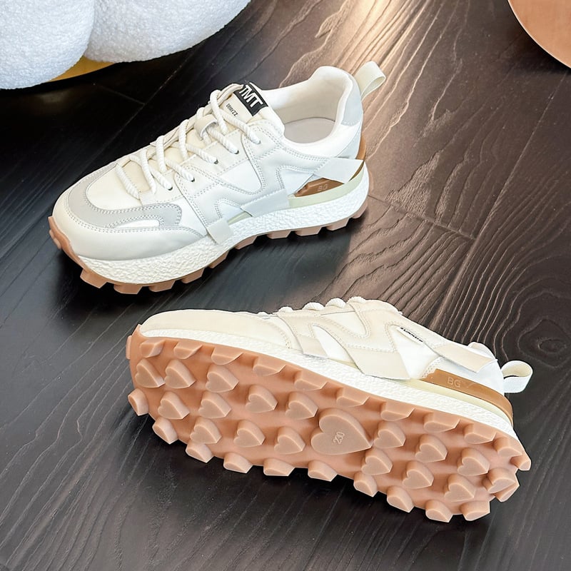 Ženski casual dad shoes s waflom i povećanom visinom, gornji dio od prave kože, okrugli vrh, prednje vezivanje, dvostruka kožna uloška