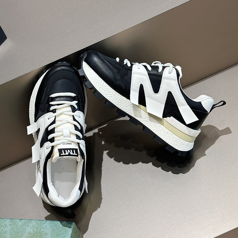 Ženski casual dad shoes s waflom i povećanom visinom, gornji dio od prave kože, okrugli vrh, prednje vezivanje, dvostruka kožna uloška