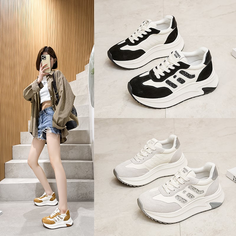 Női vastag talpú sneaker platformmal, felsőrész első réteg disznó bőrből, színblokkal mintázva, platforma 6–8 cm, kézzel készített, fűzővel záródó