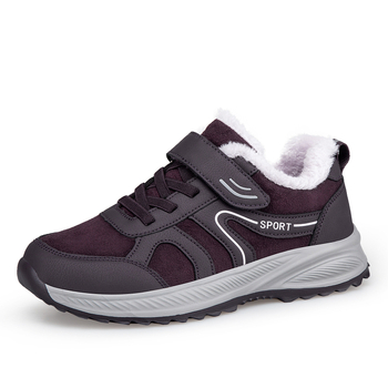 Дамски зимни памучни обувки с велкро – топла подплата от изкуствен косъм, горна част от синтетична кожа, нехлъзгаща гумена подметка, кръгла носка