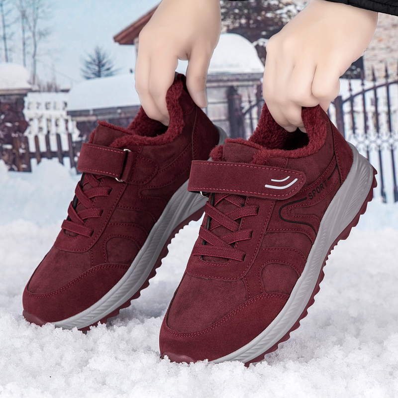 Дамски зимни памучни обувки с велкро – топла подплата от изкуствен косъм, горна част от синтетична кожа, нехлъзгаща гумена подметка, кръгла носка