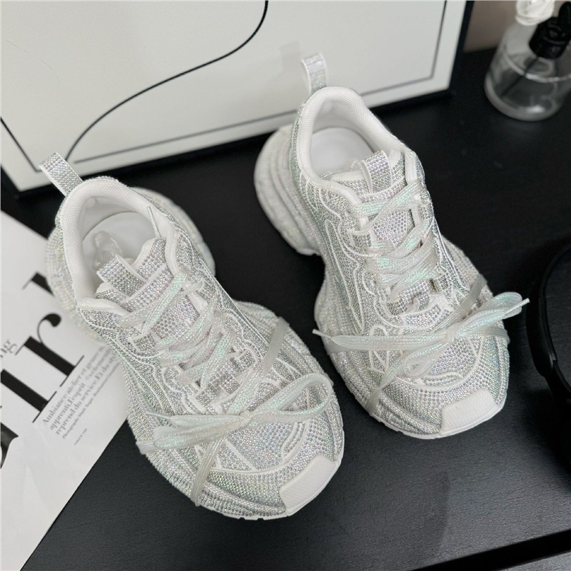 Ženske tenisice s kristalima u stilu dad sneakers, prozračni gornji dio od mreže, debela potplata, vezanje