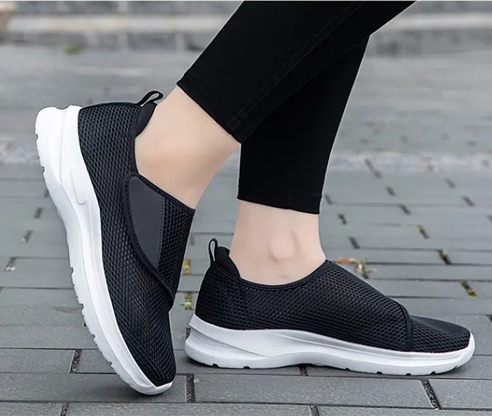 Обувки с велкро за възрастни за ходене, дишаща мрежеста горна част, гумена подметка, закопчаване с велкро, кръгъл нос, клиновиден ток