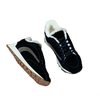 Pantofi sport pentru femei, iarnă, piele nubuk, căptușeală din lână, vârf rotund, talpă groasă, șireturi