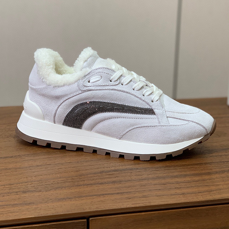 Pantofi sport pentru femei, iarnă, piele nubuk, căptușeală din lână, vârf rotund, talpă groasă, șireturi