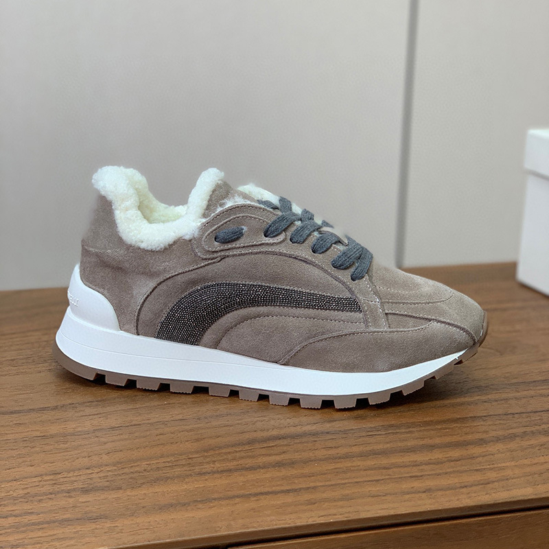 Pantofi sport pentru femei, iarnă, piele nubuk, căptușeală din lână, vârf rotund, talpă groasă, șireturi