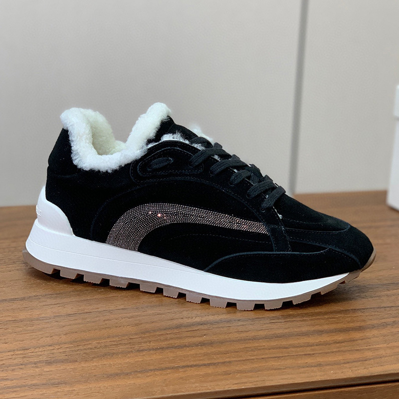 Pantofi sport pentru femei, iarnă, piele nubuk, căptușeală din lână, vârf rotund, talpă groasă, șireturi