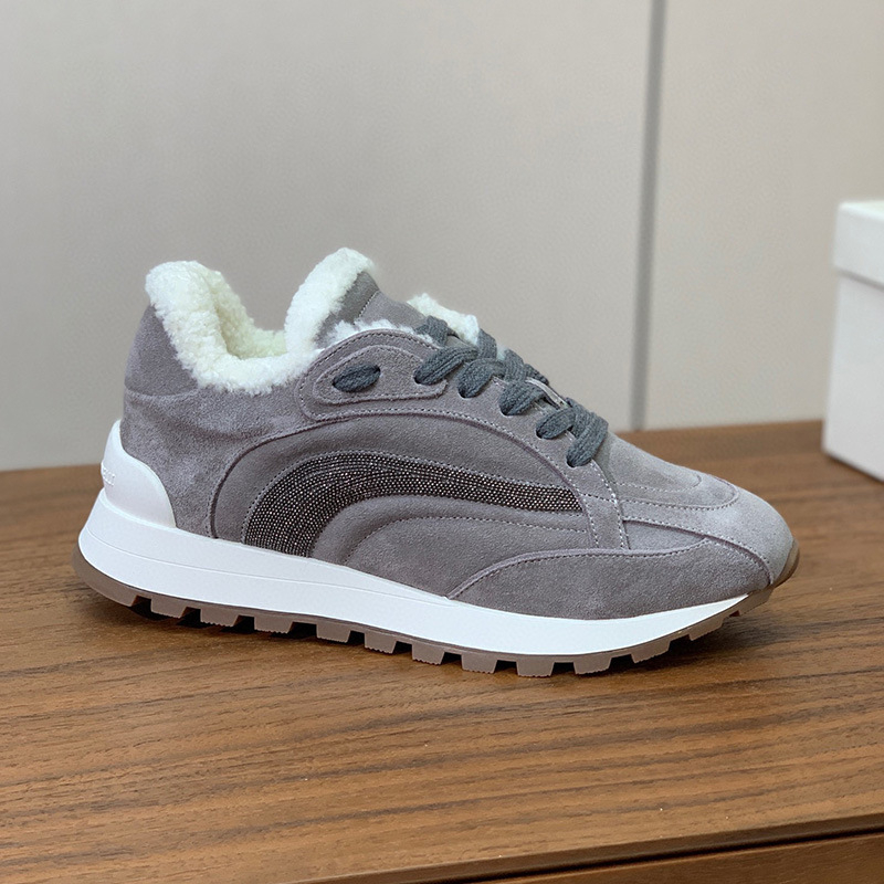 Pantofi sport pentru femei, iarnă, piele nubuk, căptușeală din lână, vârf rotund, talpă groasă, șireturi