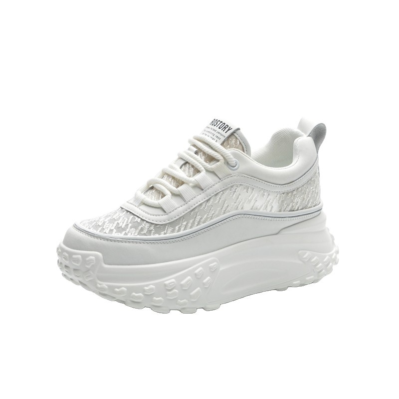 Женски спортни обувки с дебела подметка, предно връзване, PU+мрежеста горна част, кръгъл нос, инжекционно оформена подметка, височина на подметката 3–5 см