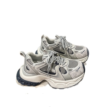 Ženske mrežaste tenisice stila dad shoes, prozračan gornji dio od mreže, 3–5 cm visok debeli pet, prednje vezanje, potplat od gume i plastike, unutrašnji materijal od sintetičke kože