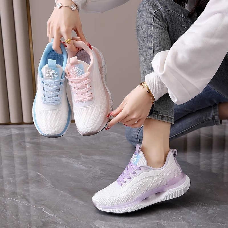 Дамски мрежести обувки за бягане — дишащи, леки и амортизиращи удара, с връзки; горна част: мрежа; подметка: гума; нос: закръглен; нисък ток