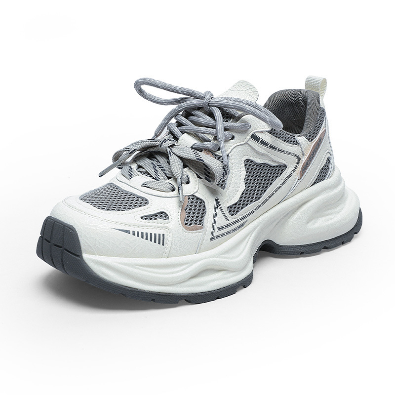 Ženske tenisice od prave kože, prozračan mrežasti gornji dio, gumena potplata, okrugli vrh, visok gornji dio, vezanje špage