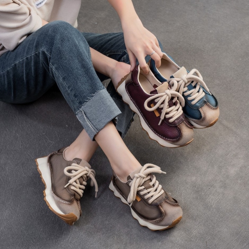 Ženské tenisky Forrest Gump z telecí kože prvej vrstvy, s predným šnurovaním, okrúhla špička, hrubá podrážka, sieťová podšívka