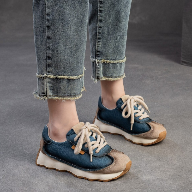 Ženské tenisky Forrest Gump z telecí kože prvej vrstvy, s predným šnurovaním, okrúhla špička, hrubá podrážka, sieťová podšívka