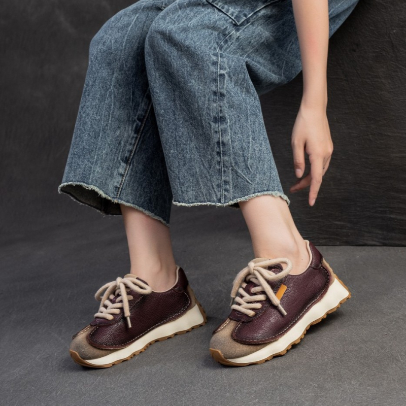 Ženské tenisky Forrest Gump z telecí kože prvej vrstvy, s predným šnurovaním, okrúhla špička, hrubá podrážka, sieťová podšívka