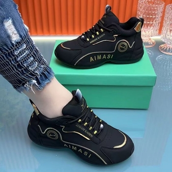 Дамски спортни обувки за ходене с дебела подметка, PU горна част, резинова подметка, предно връзване, височина на тока 3–5 см