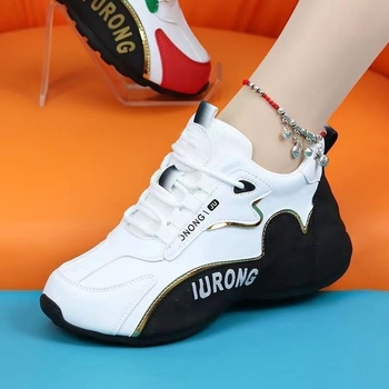 Дамски спортни обувки за ходене с дебела подметка, PU горна част, резинова подметка, предно връзване, височина на тока 3–5 см